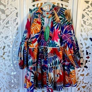 farm rio Off white macaw mini dress L NWT Cotton Tropical Carnaval Mardi Gras